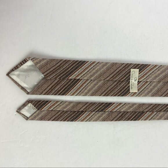 Oscar De La Renta Brown Striped Tie Tan Retro Strech Poly Cotton Business Casual - Picture 6 of 8